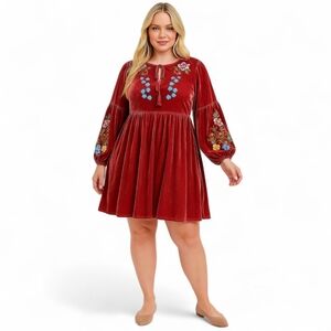 SHEIN Curve Velvet Mini Dress Wine Red Floral Embroidered Fall Boho Look‎ | 2X